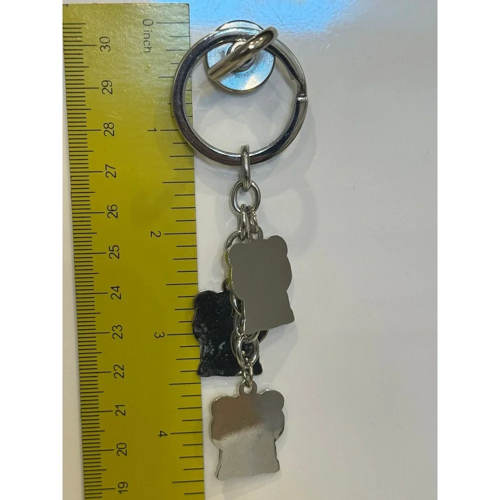 Kawaii Triple Panda Bear Enamel Charm Keychain Silver Tone Animal Key Ring